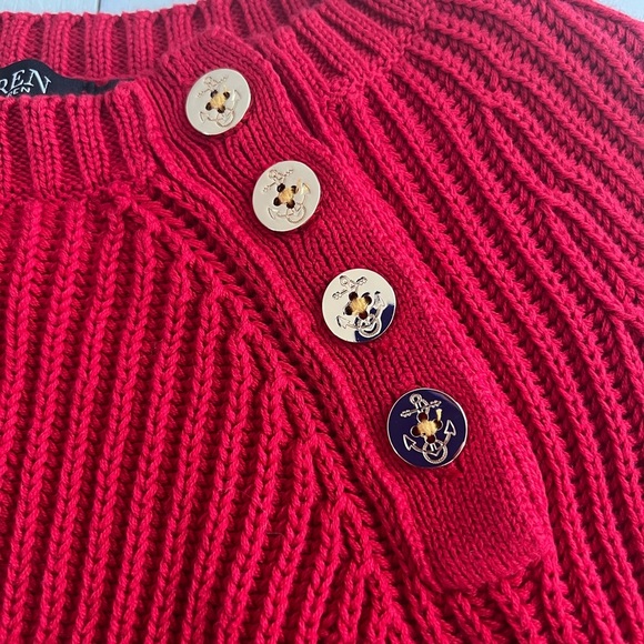 Lauren Ralph Lauren Women's red Chunky Knit Sweater Sz Petite Small Gold Buttons - Picture 4 of 7